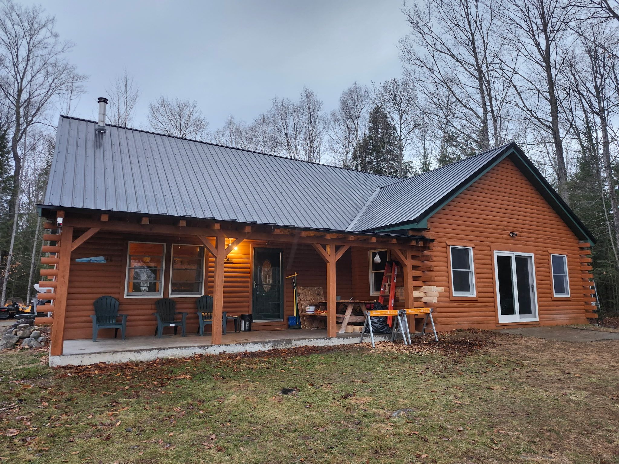 Completed metal roof on a Maine cabin